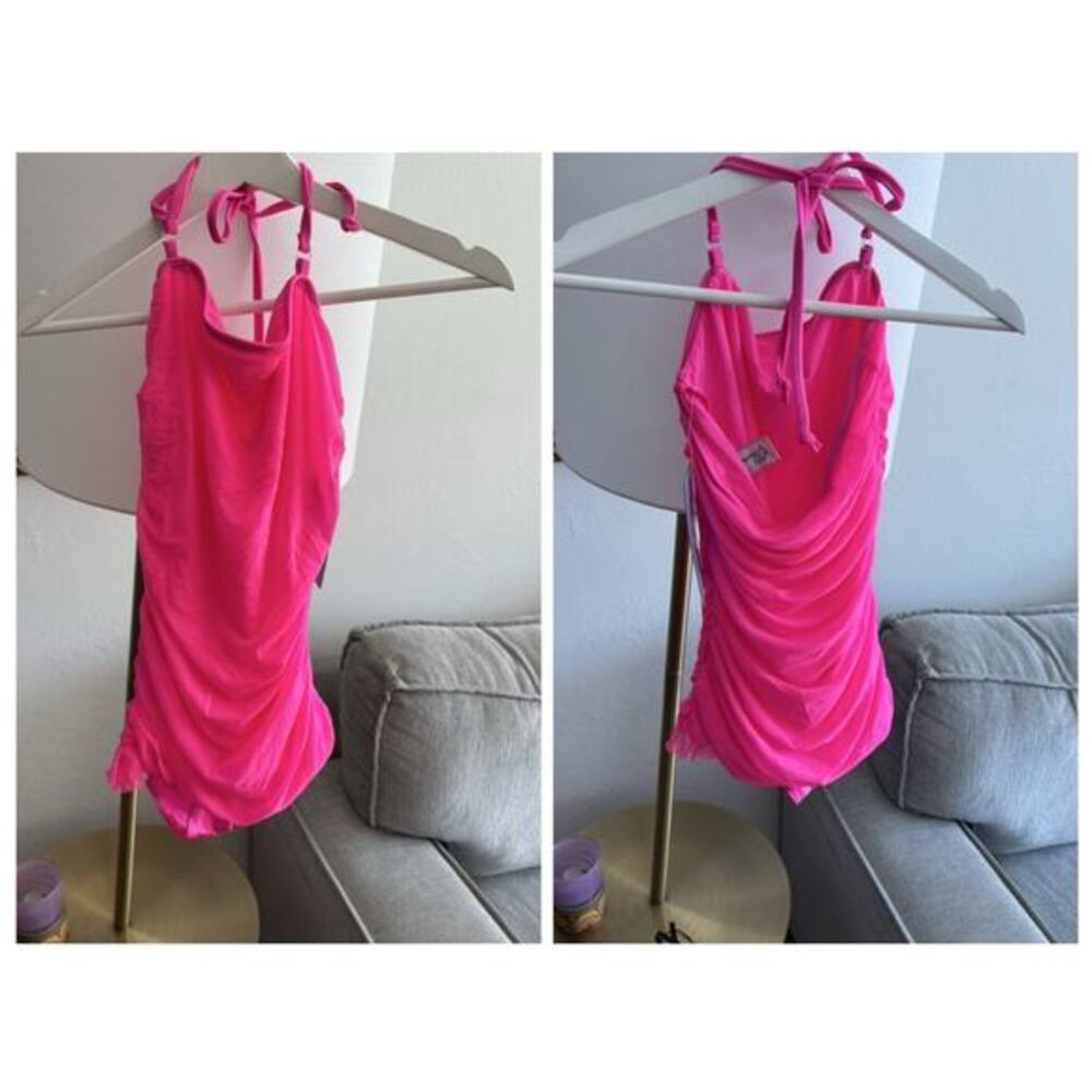 Skinny Dip Pink  Ruched Mesh Halter One Swimsuit Swimsuit Coquette Ruffle
